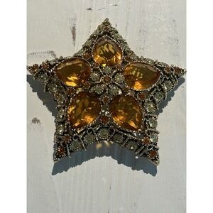 VTG KJL Kenneth J. Lane Orion Star Book Piece Gold Topaz Rhinestone Glass Brooch